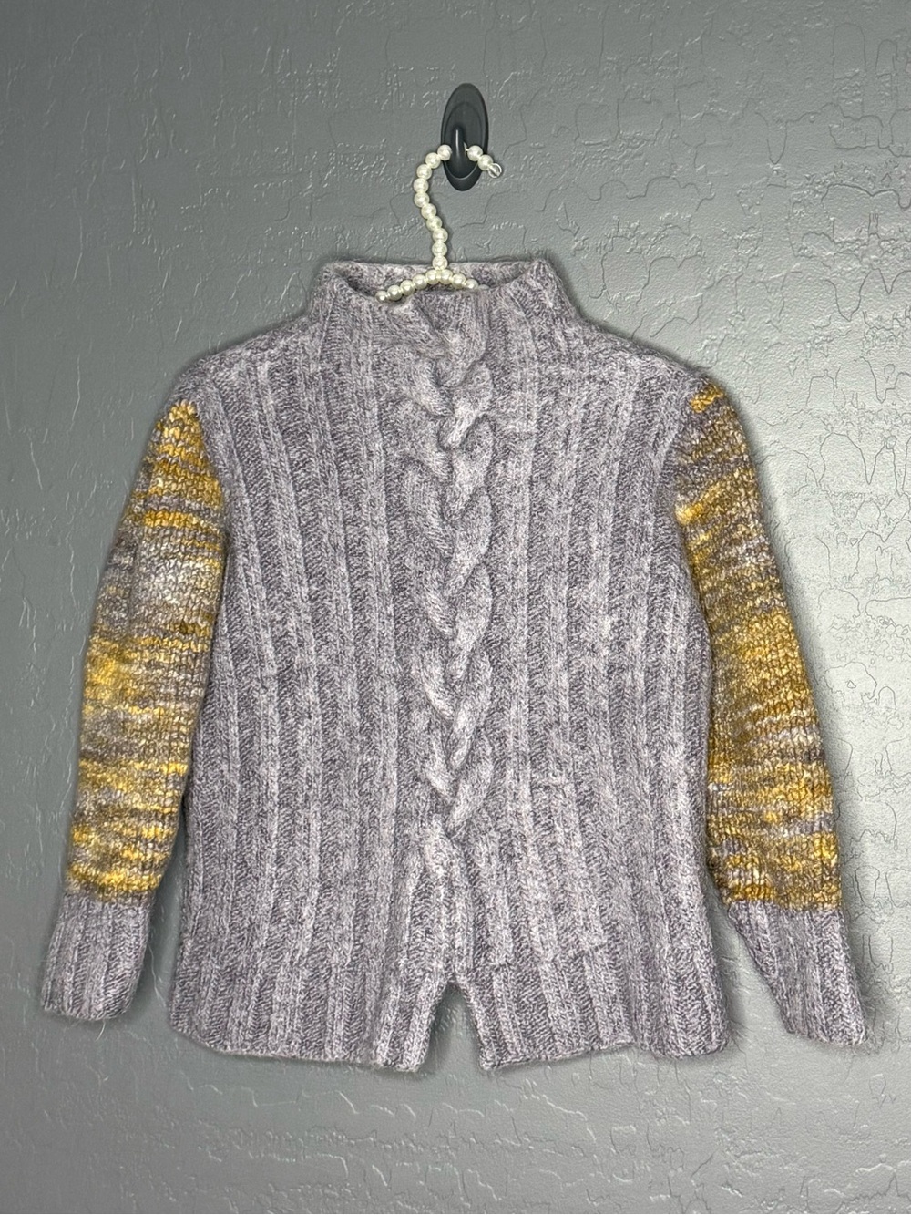 Cozy Cable Knit Mock Neck Sweater - Gray with Mustard Accent